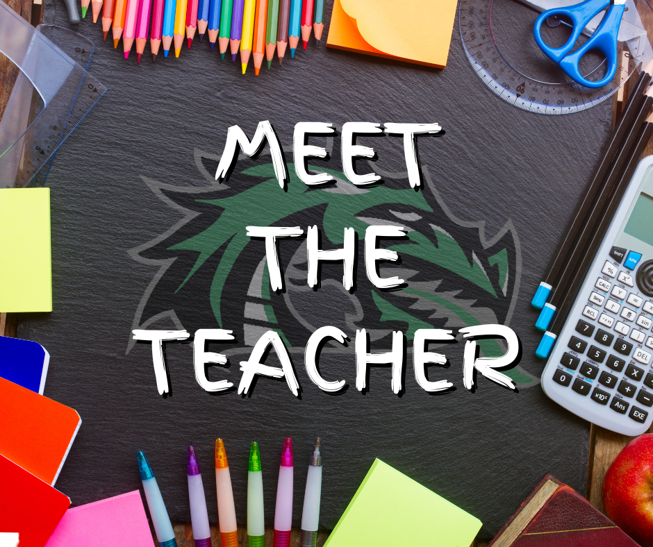 Meet The Teacher text over a green Dragon head with various school supplies around the boarder