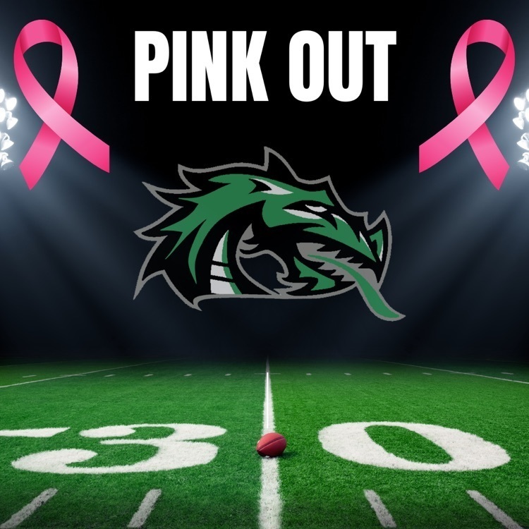 football field with green dragon head, two pink ribbons and the text pink out  