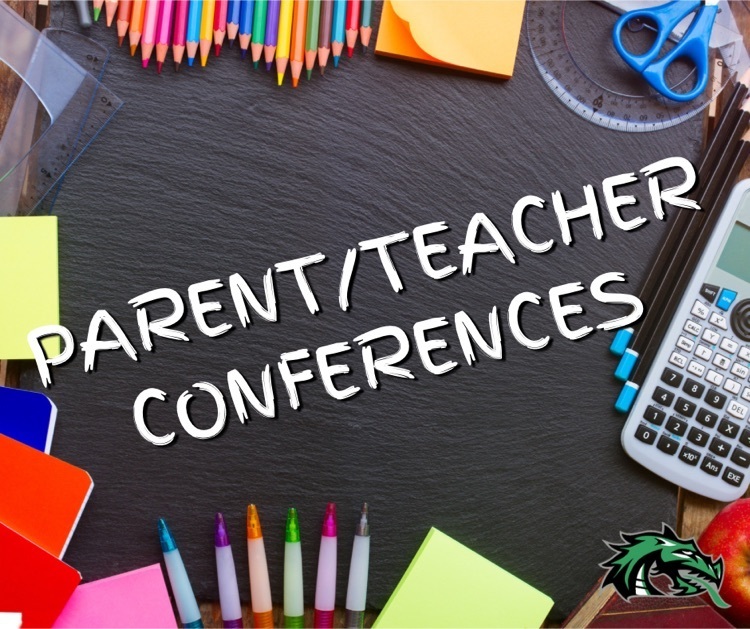 parent teacher conferences in white text on a dark background with various school supplies around the edges. green dragon head in lower right corner
